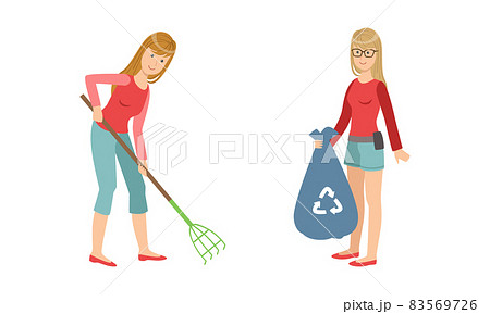 Young Woman Volunteer Collecting Trash in Bags Cleaning Environment Vector Set 83569726