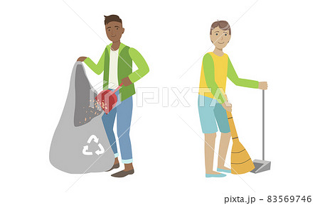Young Man Volunteer Collecting Trash in Bags Cleaning Environment Vector Set 83569746