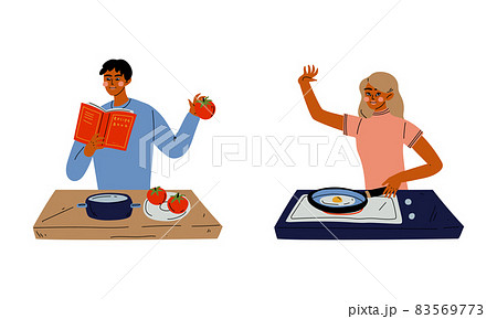 Young Man and Woman Cooking in the Kitchen Frying Eggs and Making Salad Vector Set 83569773