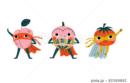 Fruit and Vegetable in Eye Mask and Superhero Cloak Vector Set 83569892