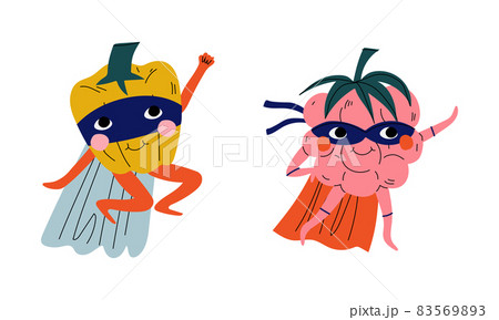 Fruit and Vegetable in Eye Mask and Superhero Cloak Vector Set Fruit and Vegetable in Eye Mask and Superhero Cloak Vector Set 83569893
