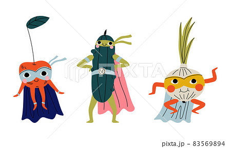 Fruit and Vegetable in Eye Mask and Superhero Cloak Vector Set 83569894