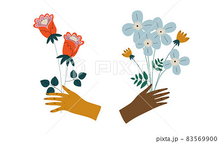 Human Hand Holding Bouquet or Bunch of Blooming Flowers Vector Set 83569900