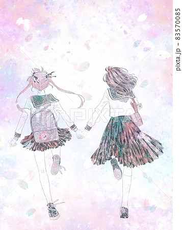 手をつないで走る女子ふたりno 2 色付き 桜背景のイラスト素材