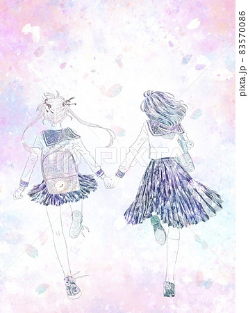 手をつないで走る女子ふたりno 2 線画 桜背景のイラスト素材