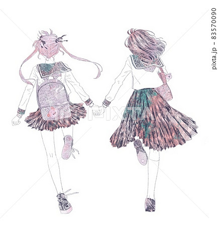 Two Girls Running Hand In Hand No 2 Colored Stock Illustration
