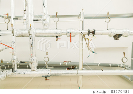 Boiler Room With Pipes, Valves, Pumps Boiler Room With Pipes, Valves, Pumps 83570485
