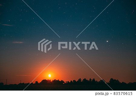 Moonrise Above Summer Forest park. Night Countryside Summer Starry Night Sky landscape 83570615