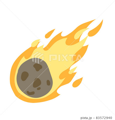 Meteor with trail of fire. Comet with tail. Dangerous space object. Big asteroid. Cartoon flat illustration. Flying in sky. Stars and astronomy. Celestial object 83572940