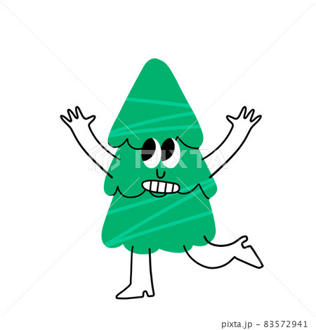 Christmas tree. Smiling character. Fabulous winter green plant with arms and legs enjoying holiday 83572941