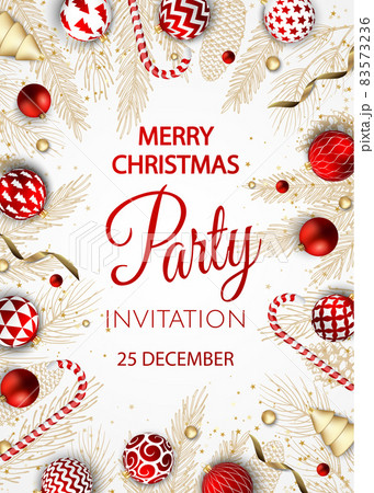 Merry Christmas and Happy New Year. Xmas Festive background with realistic 3d objects, white and gold balls. 83573236