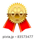 Gold Medal 1st Place Badge. Icon paw, Symbol of victory animal, medal with red ribbon 83573477