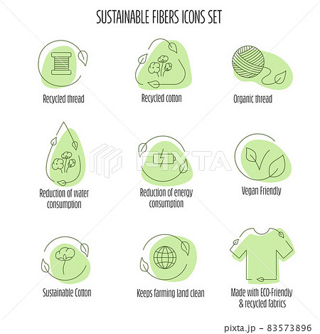 Sustainable fibers, fabric icon set with sign for eco friendly, natural fabric product, clothing packaging. Vector stock illustration isolated on white background. EPS10 83573896