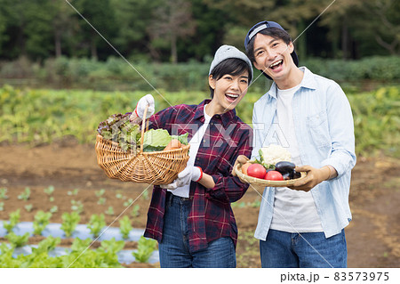 野菜を収穫する若い男女 83573975