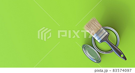 Paintbrush on top of paint bucket with green paint 3D Paintbrush on top of paint bucket with green paint 3D 83574097