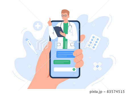 Smartphone screen with a therapist on chat. Online medical services, consultation and telemedicine concept. Vector flat illustration. 83574515