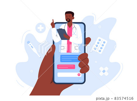 Smartphone screen with a doctor on chat. Online medical services, consultation and telemedicine concept. Vector flat illustration. Smartphone screen with a doctor on chat. Online medical services, consultation and telemedicine concept. Vector flat illustration. 83574516