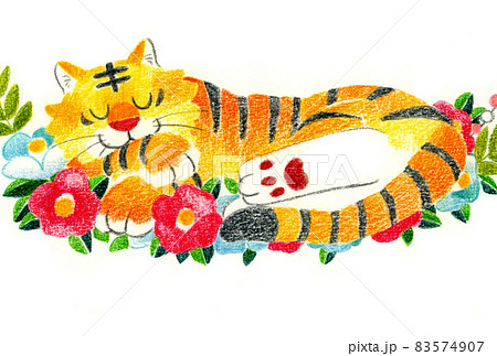 おしゃれで可愛い年賀状素材 虎と椿の手描き色鉛筆イラスト 2022年寅年 