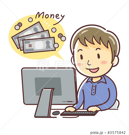 パソコンとお金と男性のイラスト（お金を稼ぐ・副業・ネットビジネス・アルバイト） 83575842