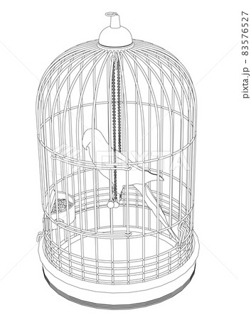 Contour of a parrot in a cage of black lines isolated on a white background. Isometric view. Vector illustration 83576527