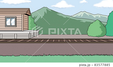 のどかな田舎の駅と線路がある風景 山 自然 駅舎 景色 のイラスト素材 5775