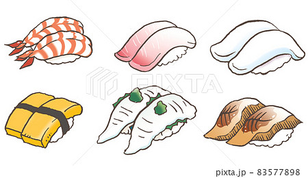 にぎり寿司ネタ6種類セット(和食・魚料理・えび、はまち、イカ、たまご、えんがわ、あなご)	 にぎり寿司ネタ6種類セット(和食・魚料理・えび、はまち、イカ、たまご、えんがわ、あなご)	 83577898