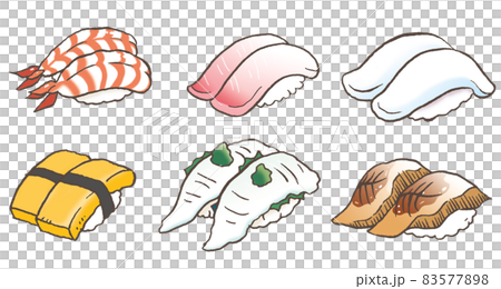 にぎり寿司ネタ6種類セット(和食・魚料理・えび、はまち、イカ、たまご、えんがわ、あなご)	 にぎり寿司ネタ6種類セット(和食・魚料理・えび、はまち、イカ、たまご、えんがわ、あなご)	 83577898