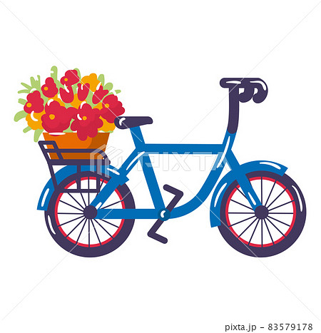 Concept european bicycle icon with basket flower trunk, city bike bouquet floret cartoon vector illustration, isolated on white. 83579178