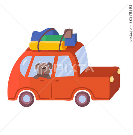Outdoor tourist car with hiking travel stuff, dog watch window vehicle, family road travel cartoon vector illustration, isolated on white. Outdoor tourist car with hiking travel stuff, dog watch window vehicle, family road travel cartoon vector illustration, isolated on white. 83579293