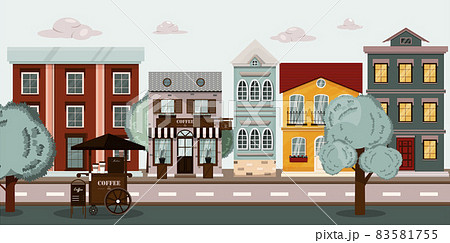 Vector street with a coffee shop, houses and a coffee cart. Cartoon illustration of a city with a road and trees. The background is in a flat style. European city in summer Vector street with a coffee shop, houses and a coffee cart. Cartoon illustration of a city with a road and trees. The background is in a flat style. European city in summer 83581755