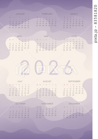 2026 calendar with lilac gradient fluid wave shapes. vertical annual template for print and digital. Week starts on Sunday 83581820