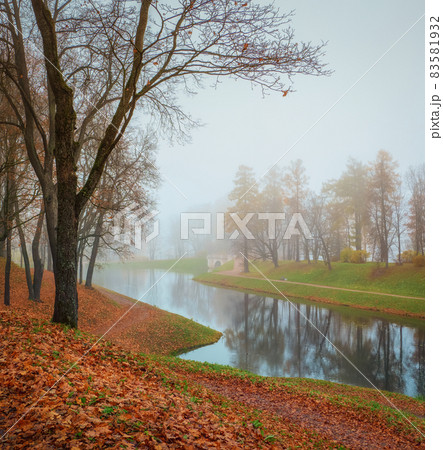 Foggy autumn landscape in State Museum Reserve Gatchina. Foggy autumn view of the park, Karpin Pond and old stone bridge. 83581932