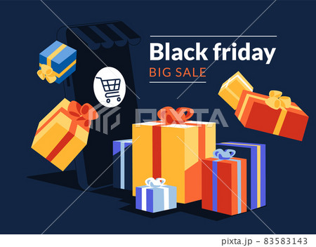 Black Friday advertising online shopping promotion concept. Big smartphone with basket button and many gifts around scene and the advertising text. flat cartoon vector illustration Black Friday advertising online shopping promotion concept. Big smartphone with basket button and many gifts around scene and the advertising text. flat cartoon vector illustration 83583143
