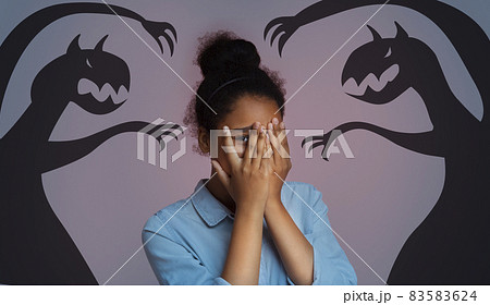Inner Fears. Teen Black Girl Scared By Illustrated Shadow Monsters Around Her Inner Fears. Teen Black Girl Scared By Illustrated Shadow Monsters Around Her 83583624