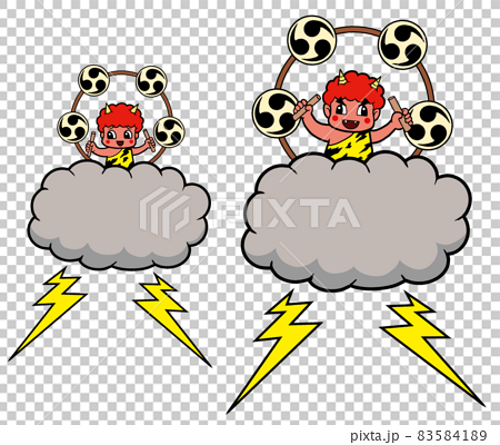 タイコを打ち鳴らす雷様の親子 雨雲 カミナリ 雷雨 天気 嵐 キャラクター 鬼 太鼓 のイラスト素材 5841