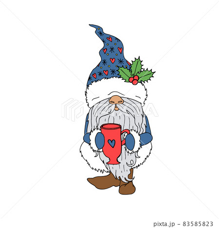 Cute line art cartoon gnome with tea cup. 83585823