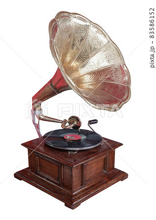 antique brass and wooden gramaphone on white background,copy space 83586152