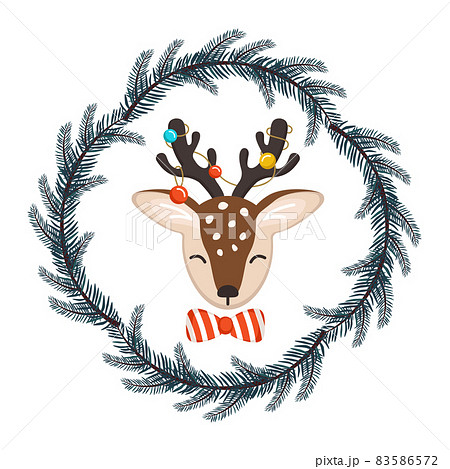 Cute deer in childish style with decorations for the New Year and Christmas in frame of fir branches. Festive funny animal with bow and garland of light bulbs. Vector flat illustration 83586572