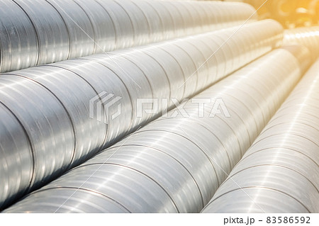 Ventilation pipe warehouse. Steel pipes, parts for the construction of air ducts for an industrial 83586592