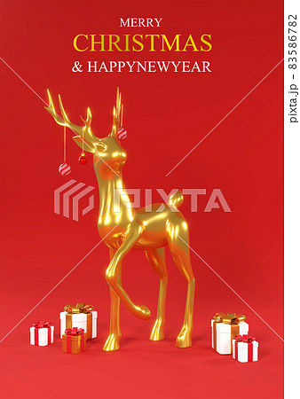 Merry Christmas and Happy New Year. Christmas realistic metallic gold deer. Holiday Xmas background., 3d rendering. Merry Christmas and Happy New Year. Christmas realistic metallic gold deer. Holiday Xmas background., 3d rendering. 83586782