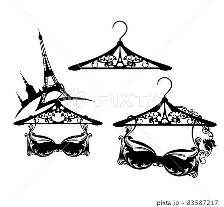 bra lingerie and hanger with rose flowers by french eiffel tower silhouette  black and white vector design set 83587217