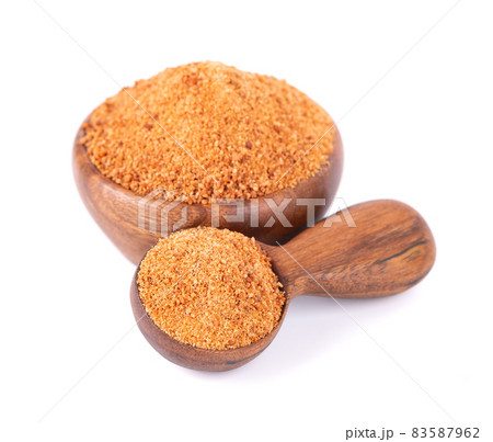 Coconut sugar isolated on white background. Brown unrefined coconut palm sugar in wooden bowl and spoon. Coconut sugar isolated on white background. Brown unrefined coconut palm sugar in wooden bowl and spoon. 83587962