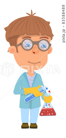 Scientist kid. Cartoon boy with flasks. Chemistry experiment 83588489