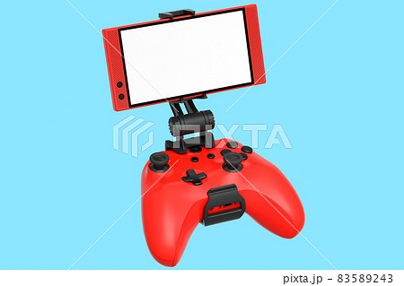 Realistic red joystick for playing games on a mobile phone on blue background. 3D rendering of video game streaming controller concept 83589243