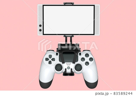 Realistic white joystick for playing games on a mobile phone on pink background. 3D rendering of video game streaming controller concept 83589244