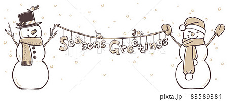 降る雪を背景にSeason's Greetingsの文字を掲げる2体のスノーマン 筆描き・2色塗り 降る雪を背景にSeason's Greetingsの文字を掲げる2体のスノーマン 筆描き・2色塗り 83589384