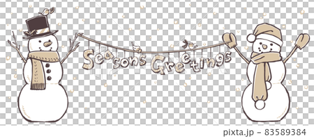 降る雪を背景にSeason's Greetingsの文字を掲げる2体のスノーマン 筆描き・2色塗り 降る雪を背景にSeason's Greetingsの文字を掲げる2体のスノーマン 筆描き・2色塗り 83589384