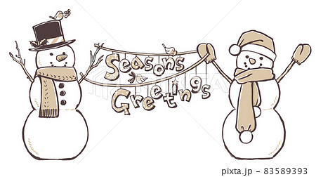 Season's Greetingsの文字を吊るす2体のスノーマン　筆描き・2色塗り 83589393