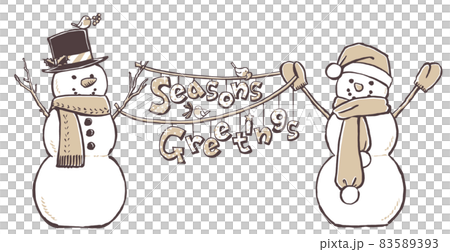 Season's Greetingsの文字を吊るす2体のスノーマン　筆描き・2色塗り 83589393