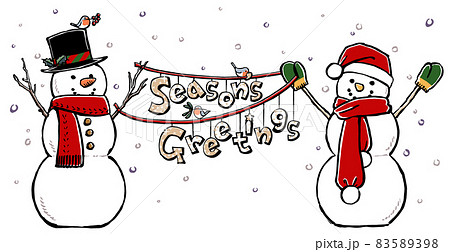 降る雪を背景にSeason's Greetingsの文字を吊るす2体のスノーマン　筆描き・マット塗り 83589398